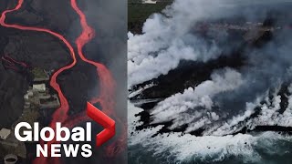 La Palma volcano: Drone video shows new lava delta forming along coastline