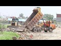 ឡានប៉ែនធំៗចាក់ថ្ម និងអាប៉ុលធំរុញថ្ម Dump Truck Upload Rock - Shantui SD22 Dozer Pushing Rock