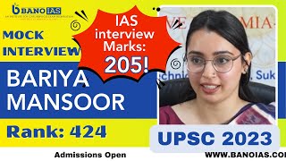 Bariya Mansoor, Rank 424 UPSC CSE 2023 | Bano IAS Mock Interview | New GS batch: Apr 29 | 8527366376