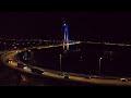 Новый запорожский мост. Плотное движение по мосту после открытия с высоты. Заезд и съезды. Подсветка