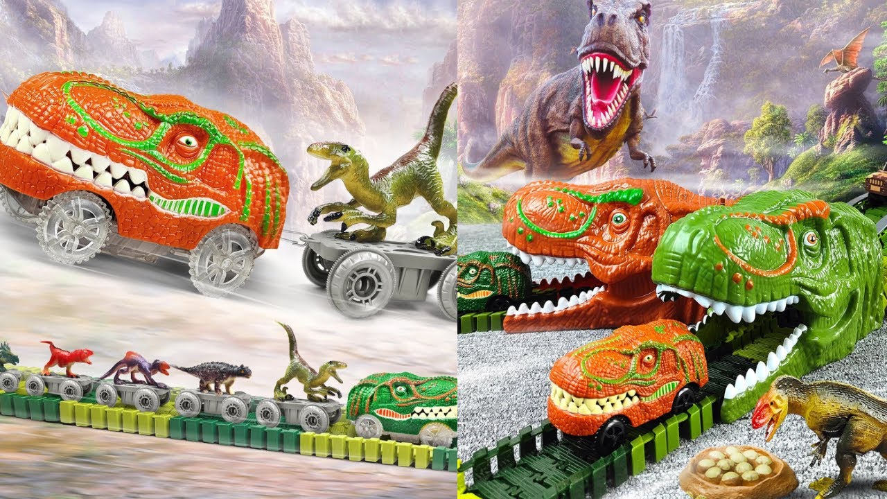 dinosaur dolls racing game tracker set create dinosaur world race tracks flex YouTube