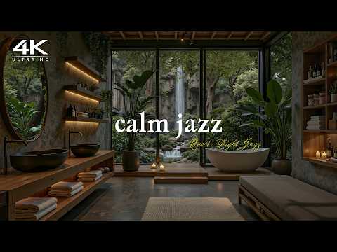 [4K] Smooth Jazz in Forest Retreat Waterfall | Calm Background Music with Birdsong for Relax, Work