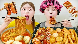 Mukbang Spicy Fried Chicken and Ramyun 하이유의 양념치킨 순두부 열라면 총각김치 먹방 Radish Kimchi REAL SOUND | HIU 하이유