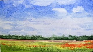 Poppy Field Watercolour Painting - By Vamos - Slow Life Art