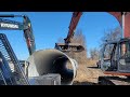Awesome excavator project huge culvert replacement 8 feet by 65 feet long and some welding