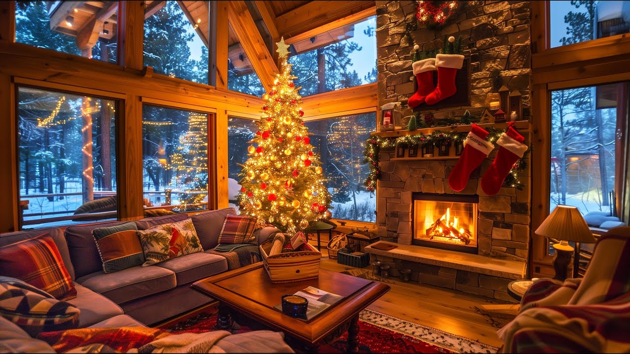 Cozy Christmas Cabin Fireplace 🎹 Calm 4K Piano Ambience for Study, Relax & Deep Sleep 🎄❄️