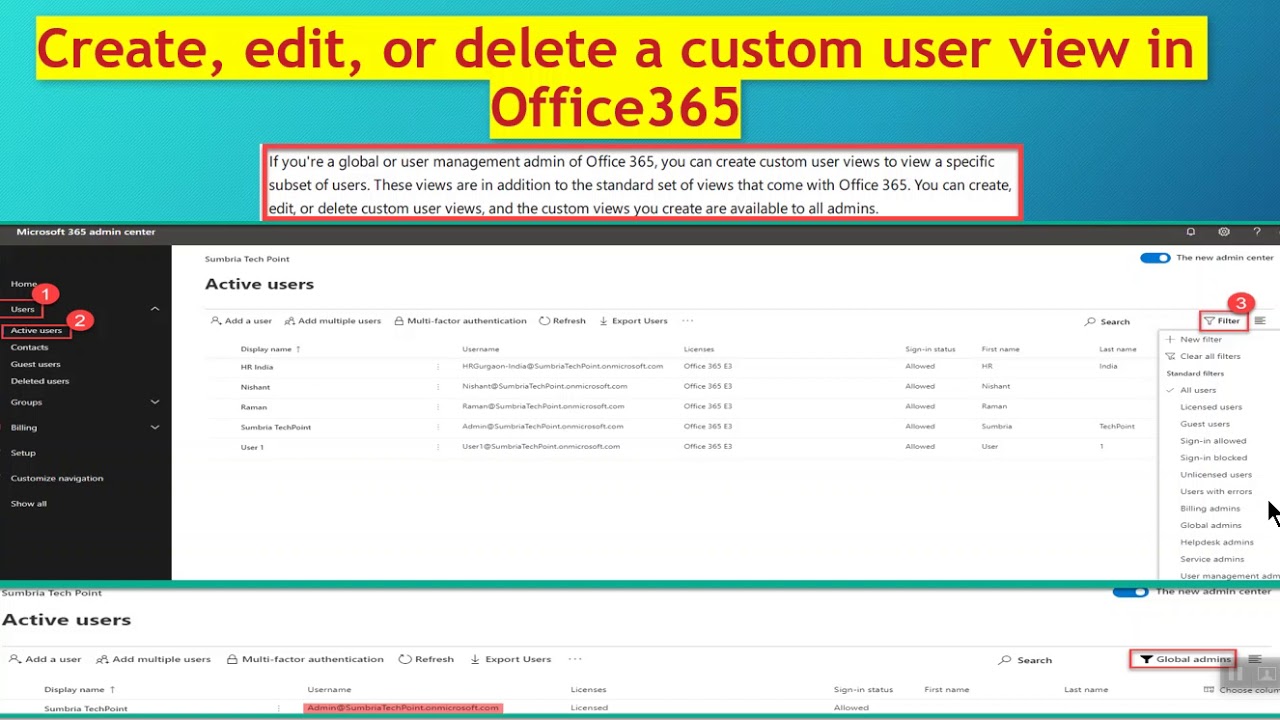 How to Create edit delete a custom user view in office 365 - YouTube