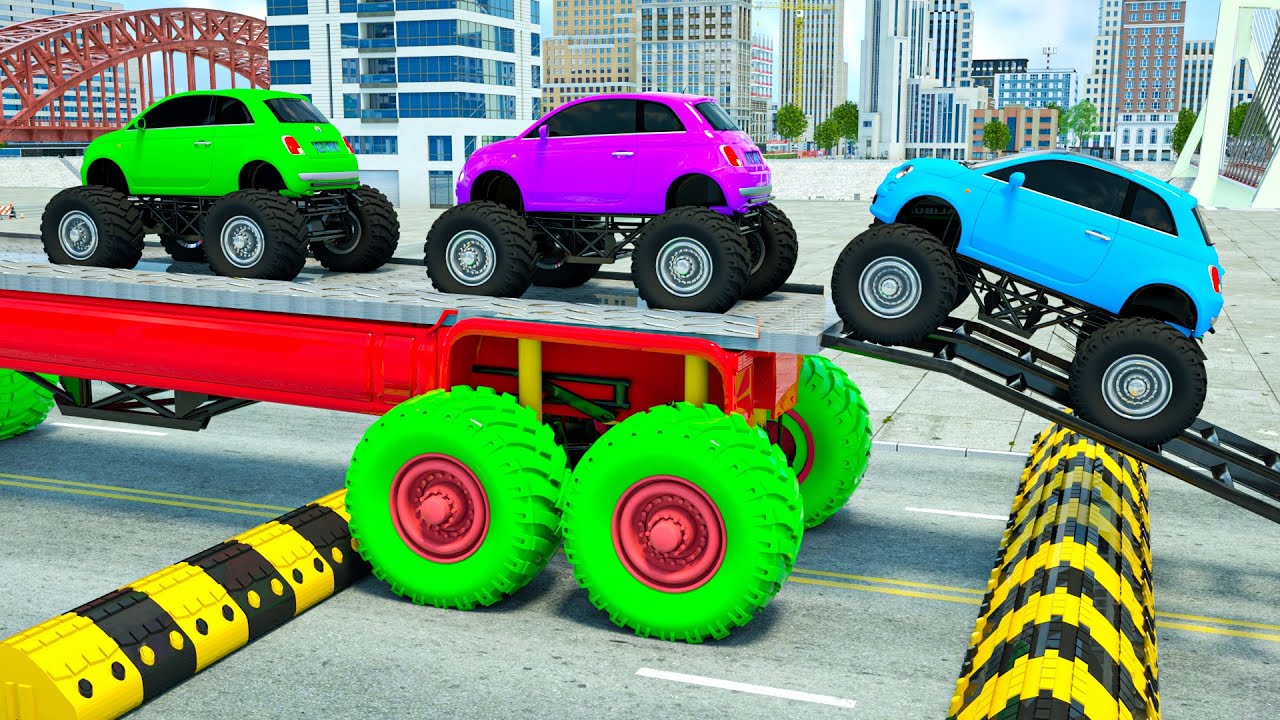 Big monster truck collects little monster trucks car transportation