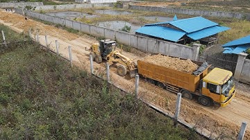 Wonderful Building New Foundation Village Road Start By Motor Grader Push Spreading Dirt &Dump Truck