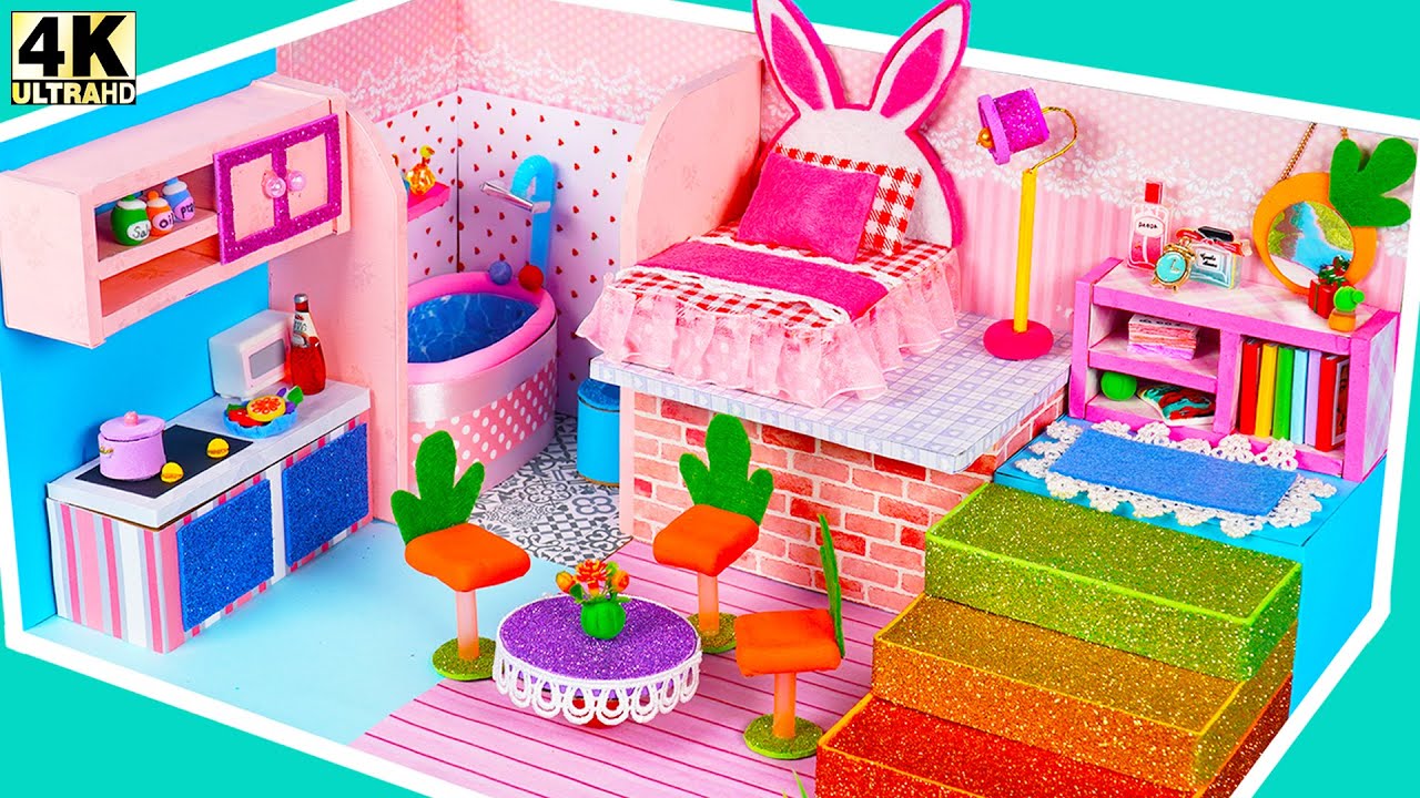 DIY Make A Cute Rabbit Cardboard House with Bunny Bed, Bookshelf Cute