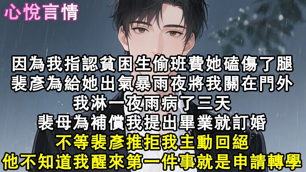 因為我指認貧困生偷班費她磕傷了腿，裴彥為給她出氣暴雨夜將我關在門外，我淋一夜雨病了三天，裴母為補償我提出畢業就訂婚，不等裴彥推拒我主動回絕，他不知道我醒來第一件事就是申請轉學。