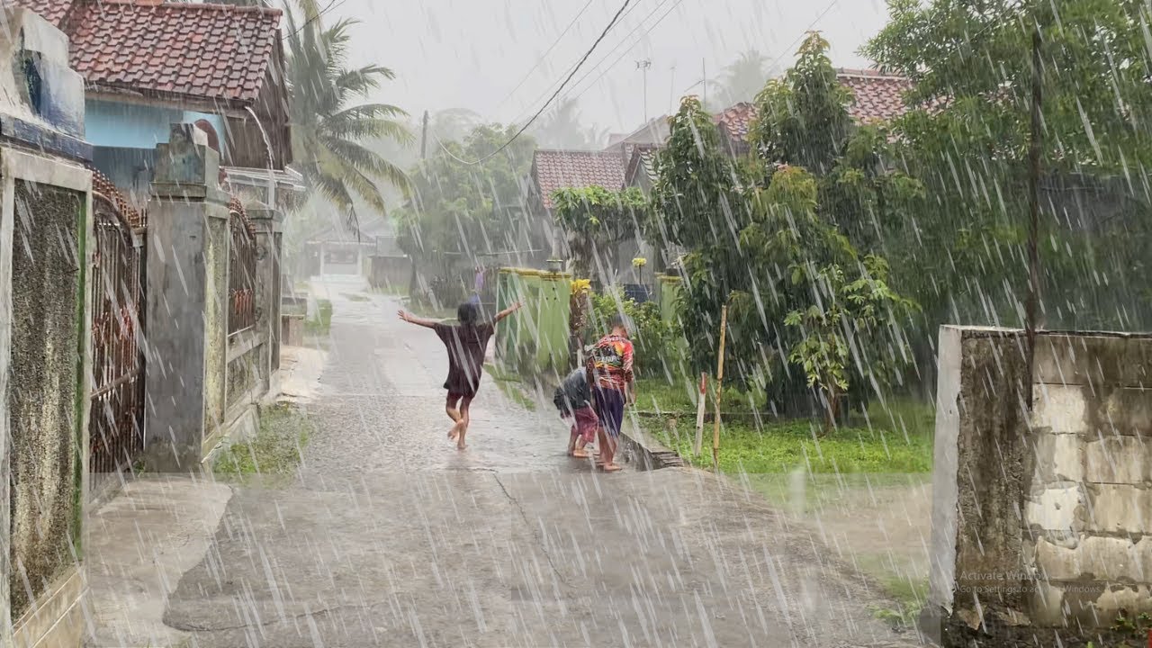 Walking During Super Heavy Rain and Lightning in a Small Indonesian ...