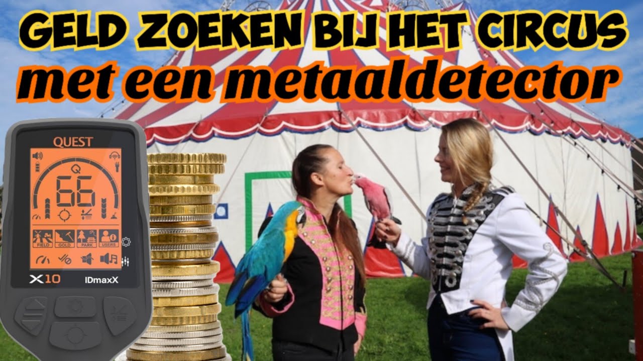 Met de metaaldetector op een circus terrein geld zoeken