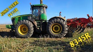 Cultivating in dry conditions.John Deere 9410R & 8345R