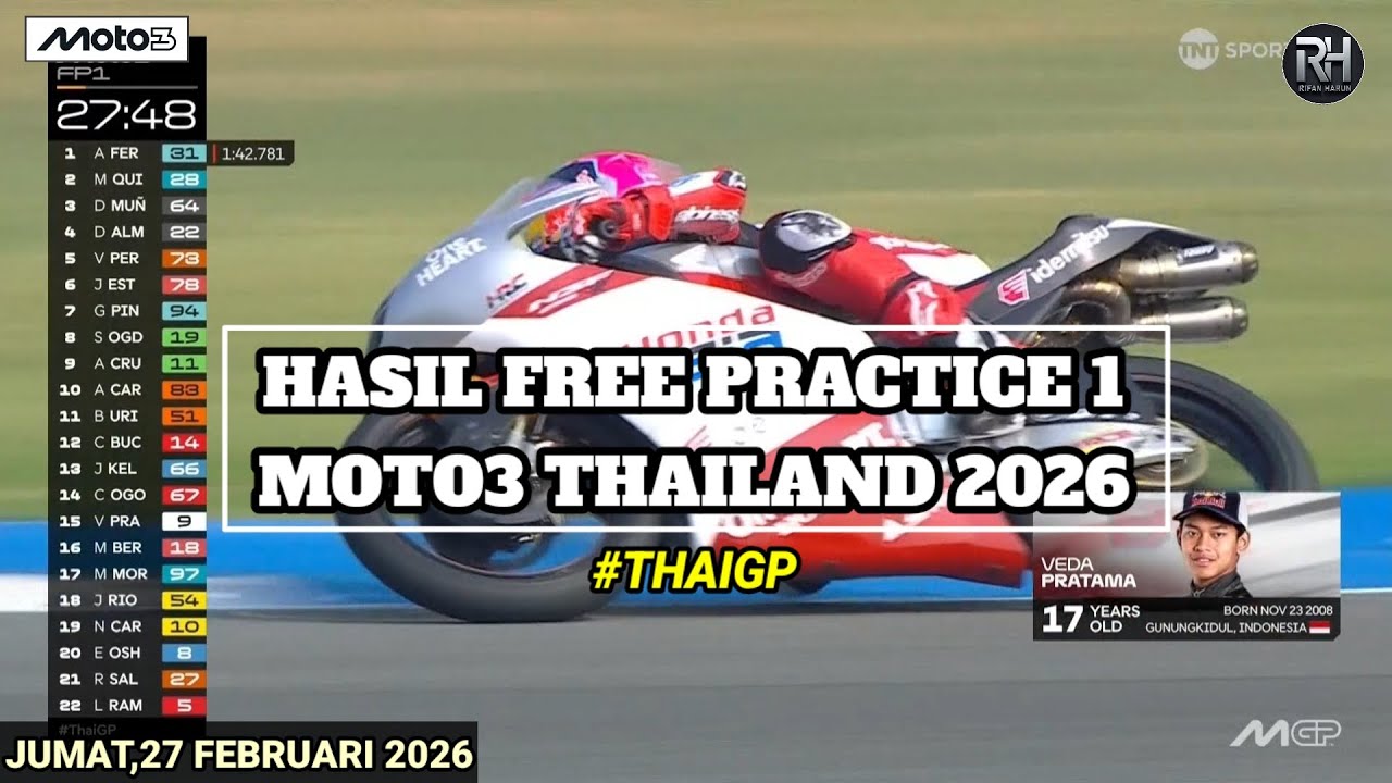 Hasil FP 1 Moto3 Thailand 2026 Hari ini~Hasil Latihan Bebas 1 Moto3~Jadwal Veda Ega Pratama Moto3 
