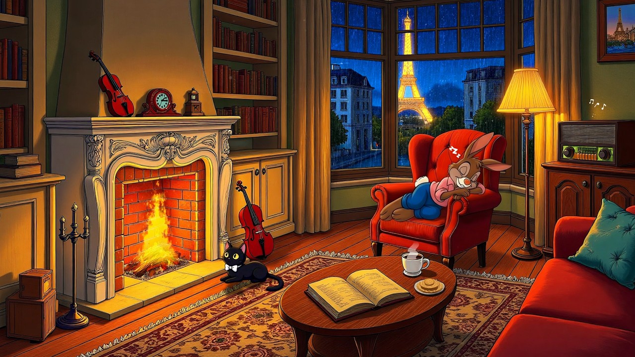 a cozy rainy night in paris, 1940s and you're listening to vintage oldies playing in another room