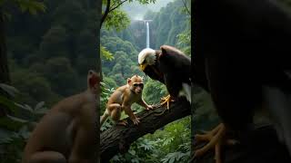 Monkey And Eagle Share A Moment Above A Jungle Waterfall