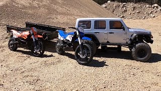 RC 2 x DIRT BIKE SKYRC SUPER RIDER, scx6 axial jeep and trailer tandem adventure.