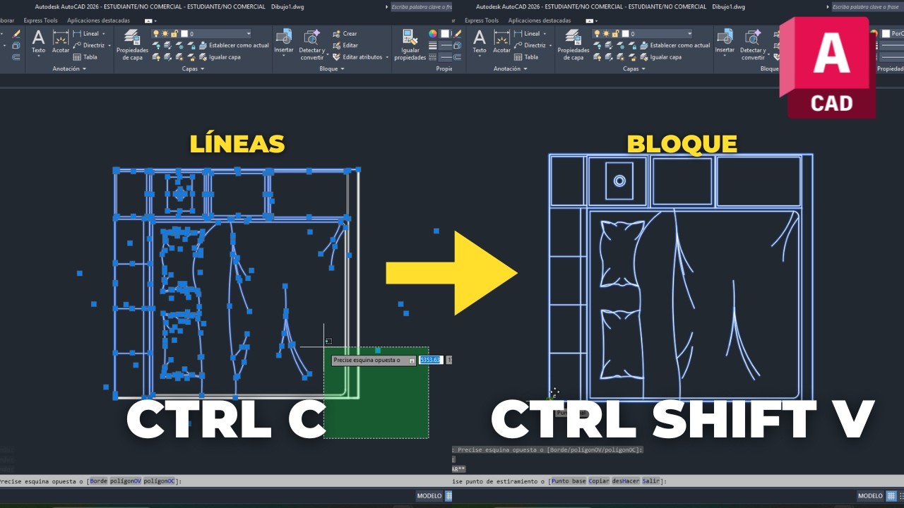 Cómo COPIAR LÍNEAS y pegarlas en BLOQUE en AUTOCAD - YouTube