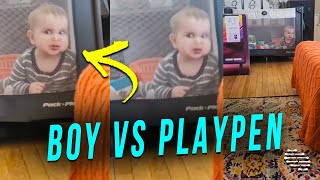 Little Boy Tries to Use His Face to Escape the Playpen as His Sister Laughs