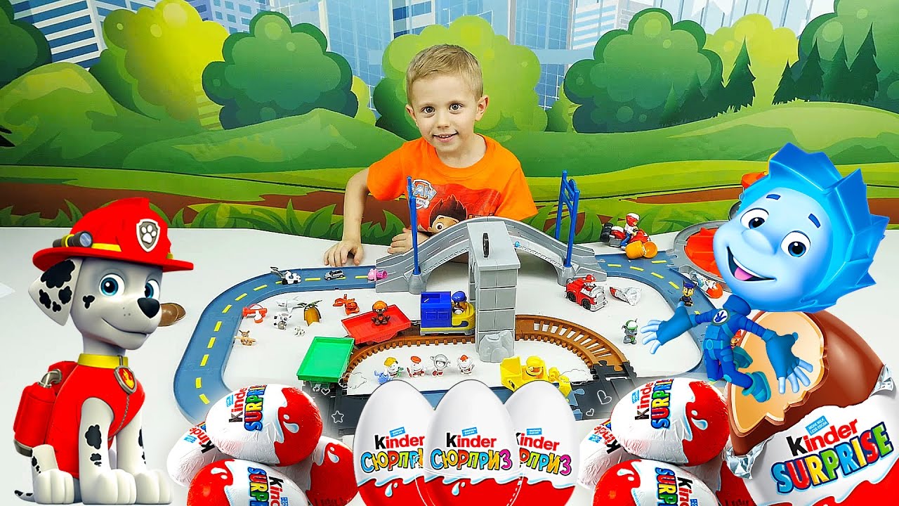 #МАШИНКИ Щенячий Патруль и много КИНДЕР СЮРПРИЗОВ - Машинки Грузовички на песке и Фиксики