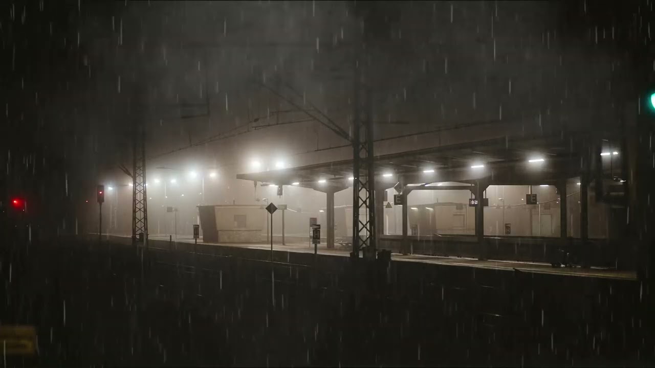 Rainy Foggy Night at Berlin Train Station — Calm Ambience | Relax • Study • Sleep