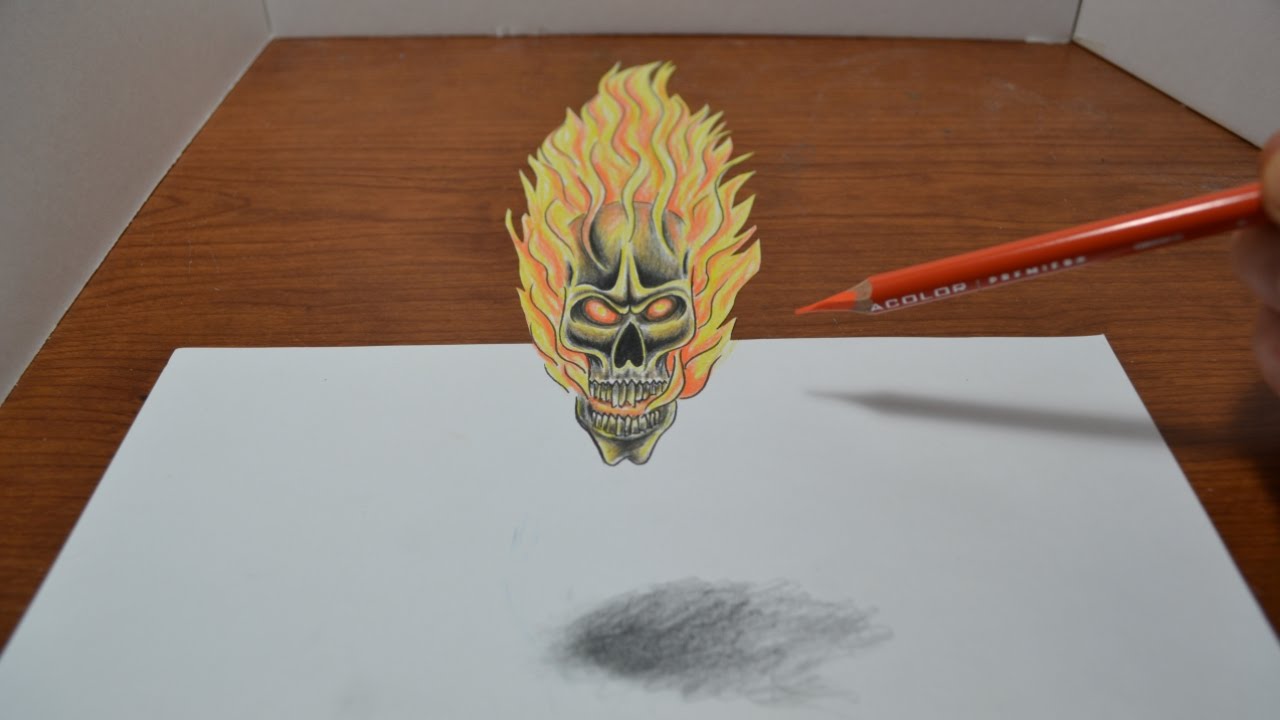 Drawing a Flaming Skull Tattoo Design - 3D Trick Art - YouTube