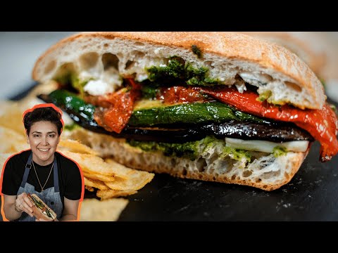 baguette sandwich with roasted eggplant  tomatoes and pesto