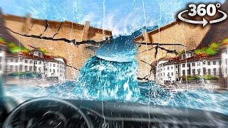 360 DAM FAILURE DISASTER - Car Falls from Dam and Escapes Through the Town 6k VR 360 Video
