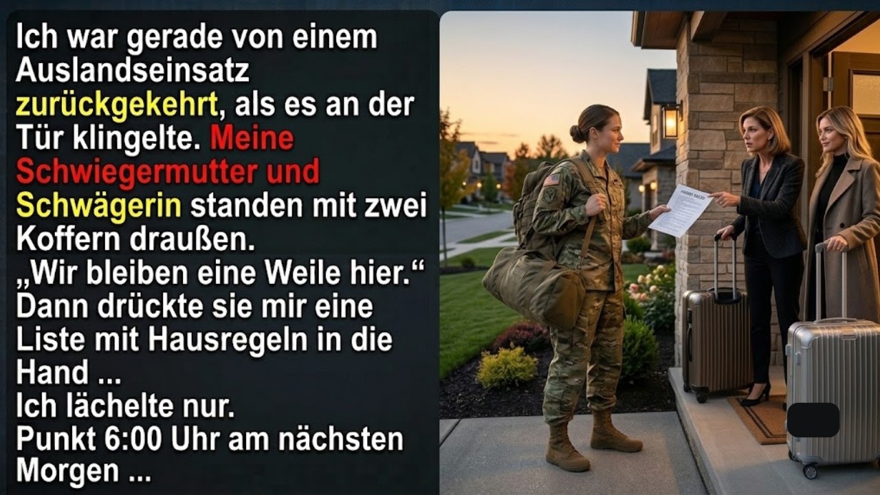 Nach sechs Monaten Einsatz stand ich im Flur, als meine Schwiegermutter und ihre Tochter hereinschneiten: „Wir bleiben eine Weile." Am nächsten Morgen um sechs Uhr hämmerte es: „Regel Nummer 1:...