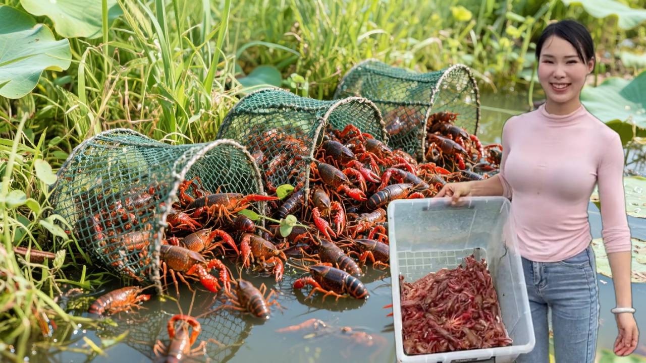 美女荒野河沟钓小龙虾，用最土的办法，居然1小时爆了5斤！【文杰吖】