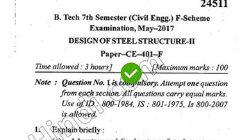 2017  Mdu BTech Civil 7th Sem Design of Steel Structure Question Paper