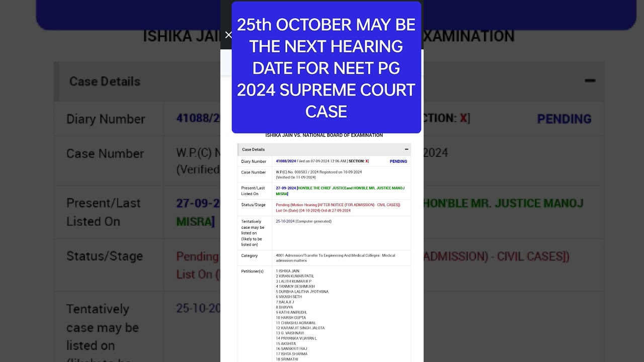 Update 🔗SUPREME COURT NEXT HEARING DATE FOR NEET PG COUNCELLING IS 25th OCTOBER 2024