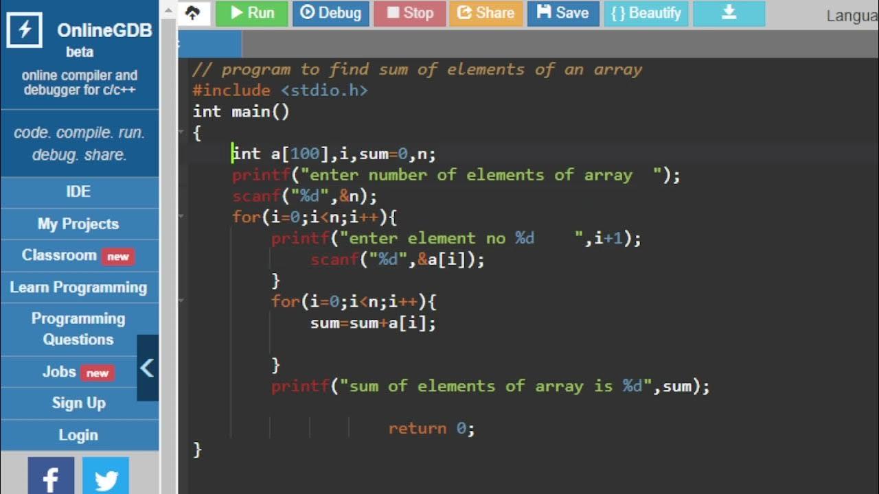 C program to find sum of elements of an array. - YouTube