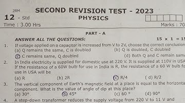 12th Standard Physics Second Revision Test 2023 Question paper and Answer key