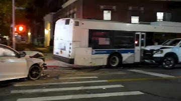 MTA bus collides with Honda, crashes into building in Brookyln; at least one hurt