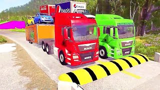 Double Flatbed Trailer Truck vs Speedbumps Train vs Cars Beamng.Drive #195 With Reverse