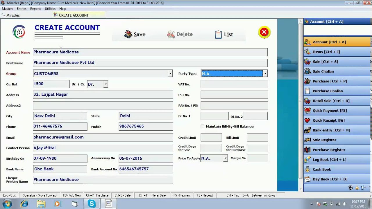 How to create Ledger Accounts in Miracle Pharma Software : www