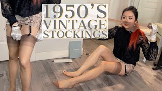 ? 1950’s Vintage Nylons Stockings Try On Review, Garter Belt Hosiery Reinforced Toes Pantyhose Feet