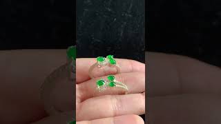 Pair of Vibrant Imperial Green Jade Three-Stone Rings — Diamond Halo Silver Settings