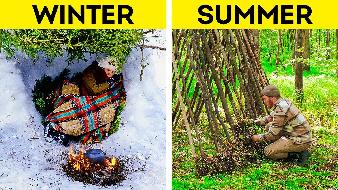 DIY Bushcrafts. Smart surviving ideas in winter and summer forest