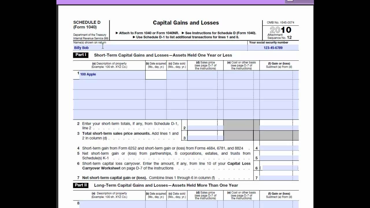 Sch D Loss (Form 1040) Tax return preparation - YouTube