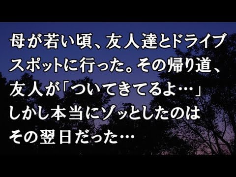 【修羅場　洒落怖】母が若い頃、友人達とドライブスポットに行った。その帰り道、友人が「ついてきてるよ…」しかし本当にゾッとしたのはその翌日だった…　【修羅場・洒落怖のぞき見チャンネル】