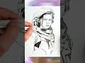 Dual-Handed Speed Drawing: портрет девушки-пилота в косынке на пустынной планете #shorts