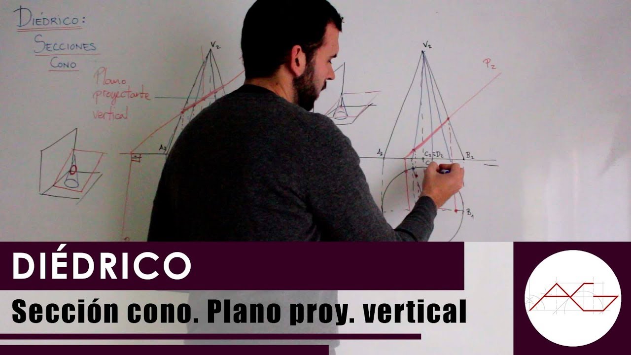 Diédrico: Cono. Sección con plano proyectante vertical.
