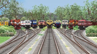 Nine Trains Crossing Each other at Curved Branched Railroad Tracks - Train Simulator