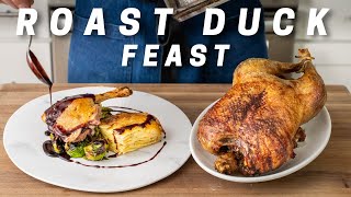 Roast Duck Feast (Potatoes Au Gratin and Brussel Sprouts with Caramelized Leeks)