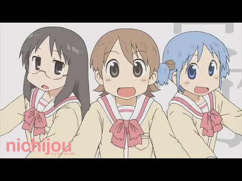 open mouth, closed eyes, smiling, redhead, ear, anime, Nichijou