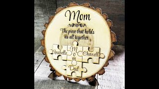 Live Edge Tree Slice with Puzzle Pieces. Perfect gift to show mom & dad  how much they mean to you.