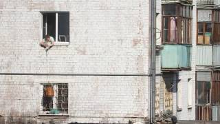 Человек ловит своего кота, выпрыгнувшего из окна на крышу магазина Человек ловит своего кота, выпрыгнувшего из окна на крышу магазина